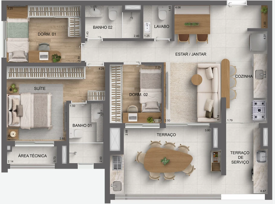 Planta ilustrativa de 93 m², com 3 dormitórios, 1 suíte e terraço.
