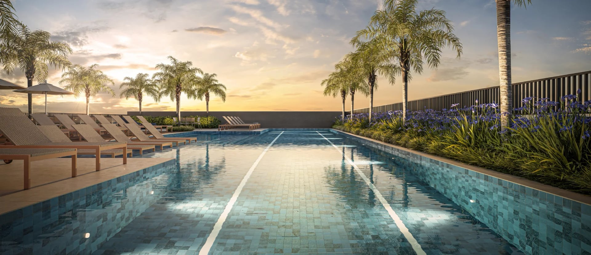 Perspectiva ilustrada: piscina adulto com raia dupla de 25 m do Platinum Tatuapé.